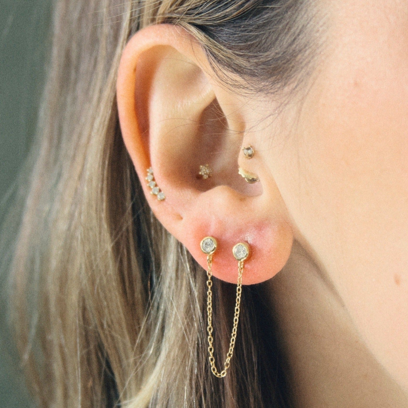 DOUBLE STUD CHAIN EARRINGS